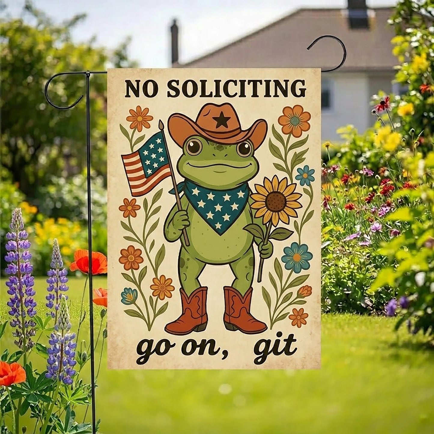 Funny No Soliciting Garden Flag, Cowboy Frog Go On Git Yard, Cowboy Frog Yard Sign, Funny Porch Decor, Made in USA Outdoor Banner