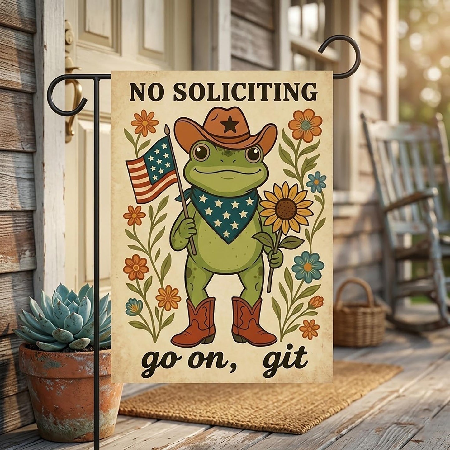 Funny No Soliciting Garden Flag, Cowboy Frog Go On Git Yard, Cowboy Frog Yard Sign, Funny Porch Decor, Made in USA Outdoor Banner