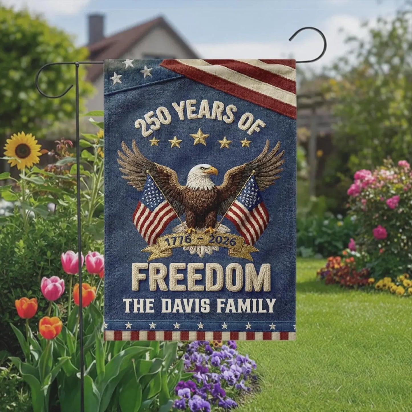 Personalized USA 250th Anniversary Garden Flag, Freedom USA, Family Name Outdoor Decor