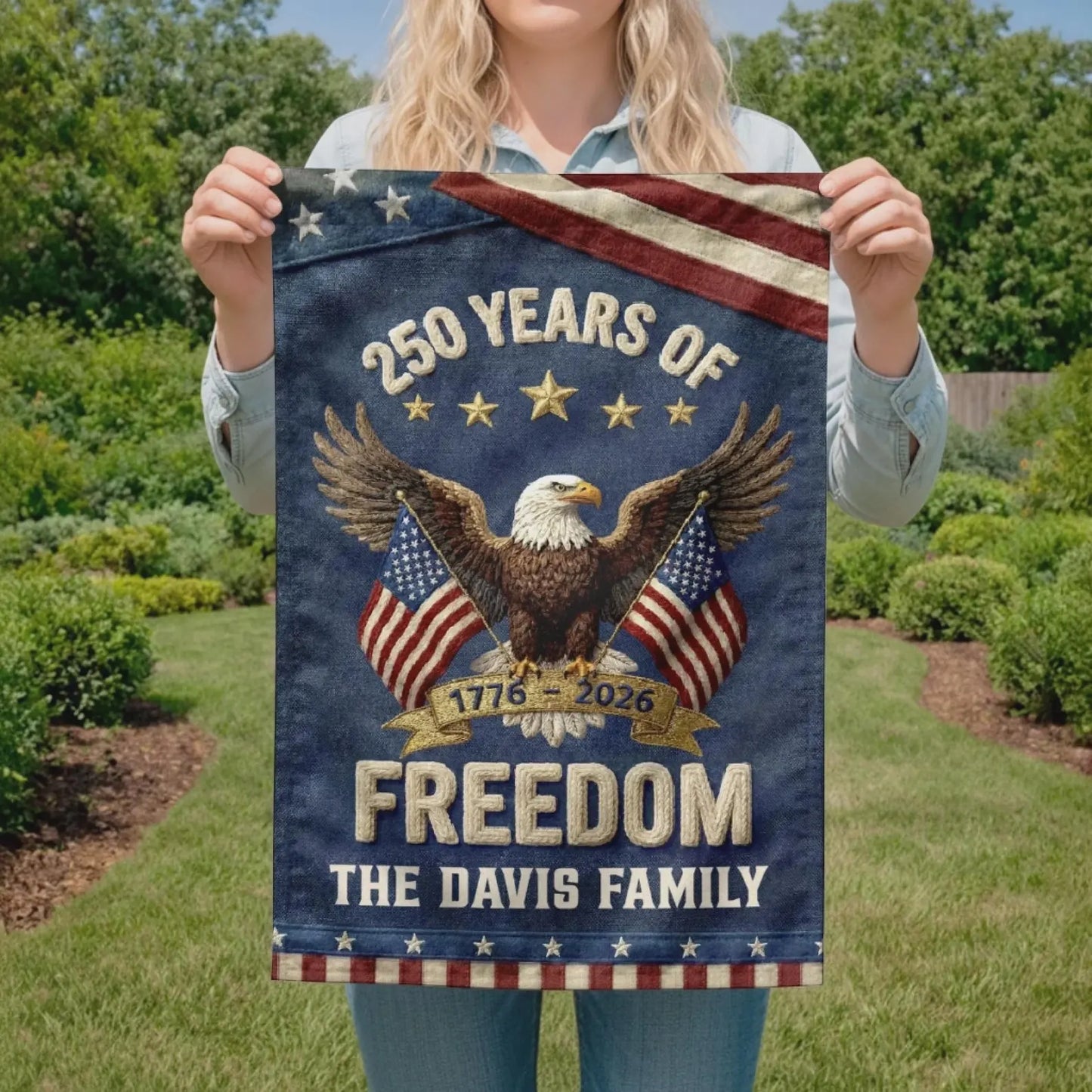 Personalized USA 250th Anniversary Garden Flag, Freedom USA, Family Name Outdoor Decor