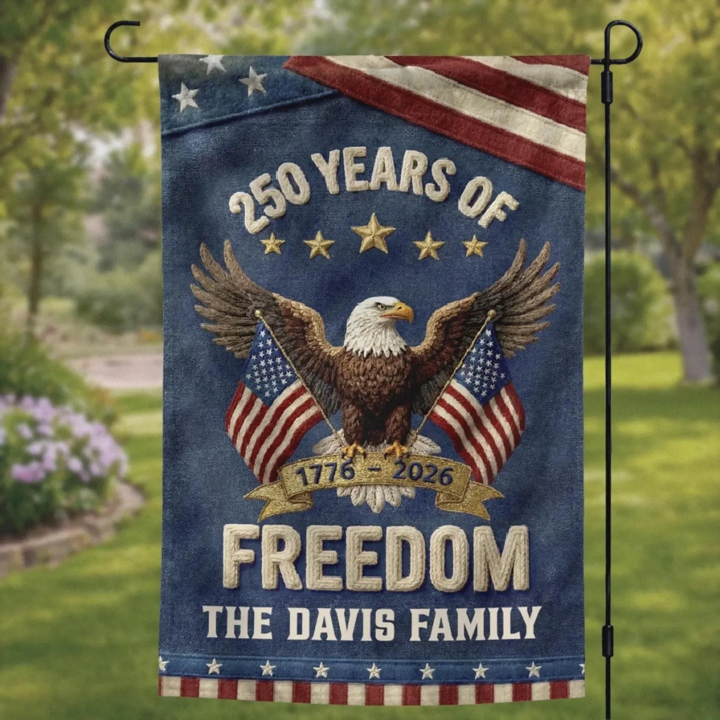 Personalized USA 250th Anniversary Garden Flag, Freedom USA, Family Name Outdoor Decor