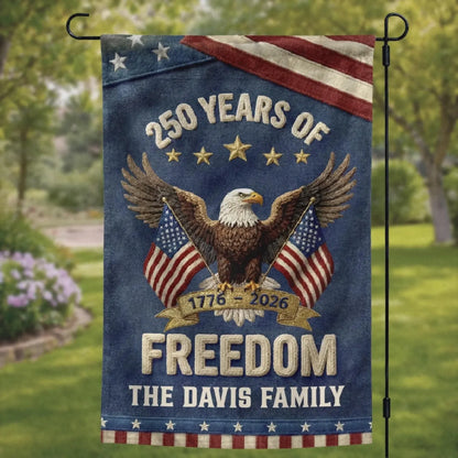 Personalized USA 250th Anniversary Garden Flag, Freedom USA, Family Name Outdoor Decor