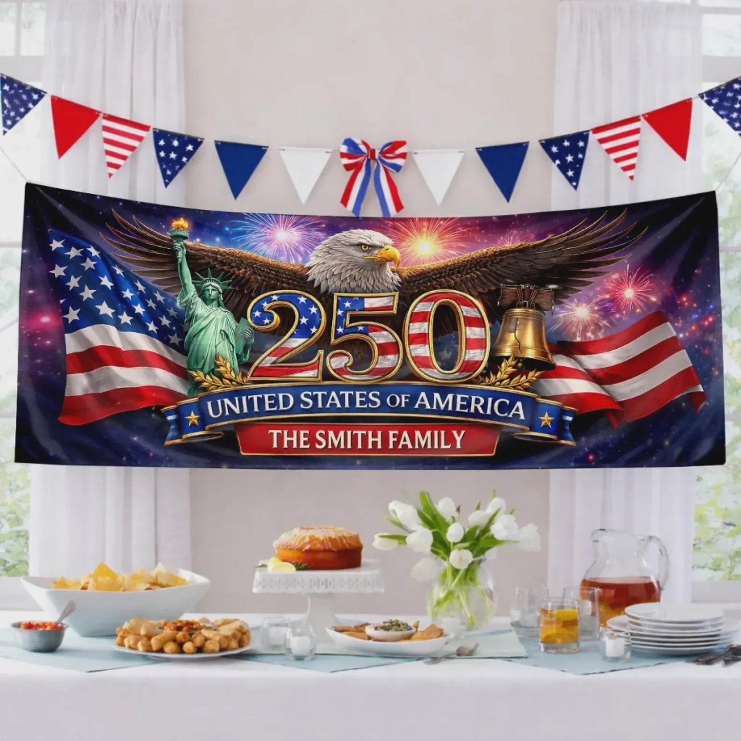 Personalized America 250th Party Banner, Custom Family Name USA Decor, 1776-2026 Patriotic Celebration Sign, 4th of July Backdrop
