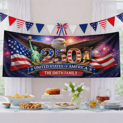 Personalized America 250th Party Banner, Custom Family Name USA Decor, 1776-2026 Patriotic Celebration Sign, 4th of July Backdrop