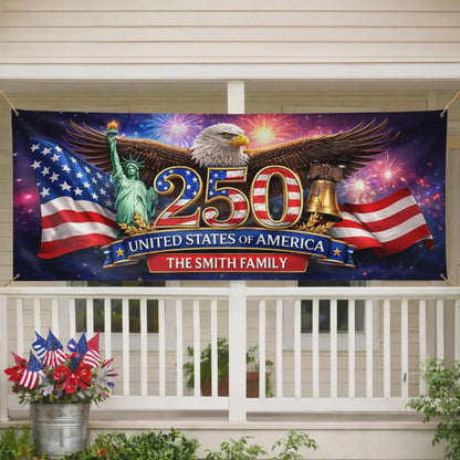 Personalized America 250th Party Banner, Custom Family Name USA Decor, 1776-2026 Patriotic Celebration Sign, 4th of July Backdrop