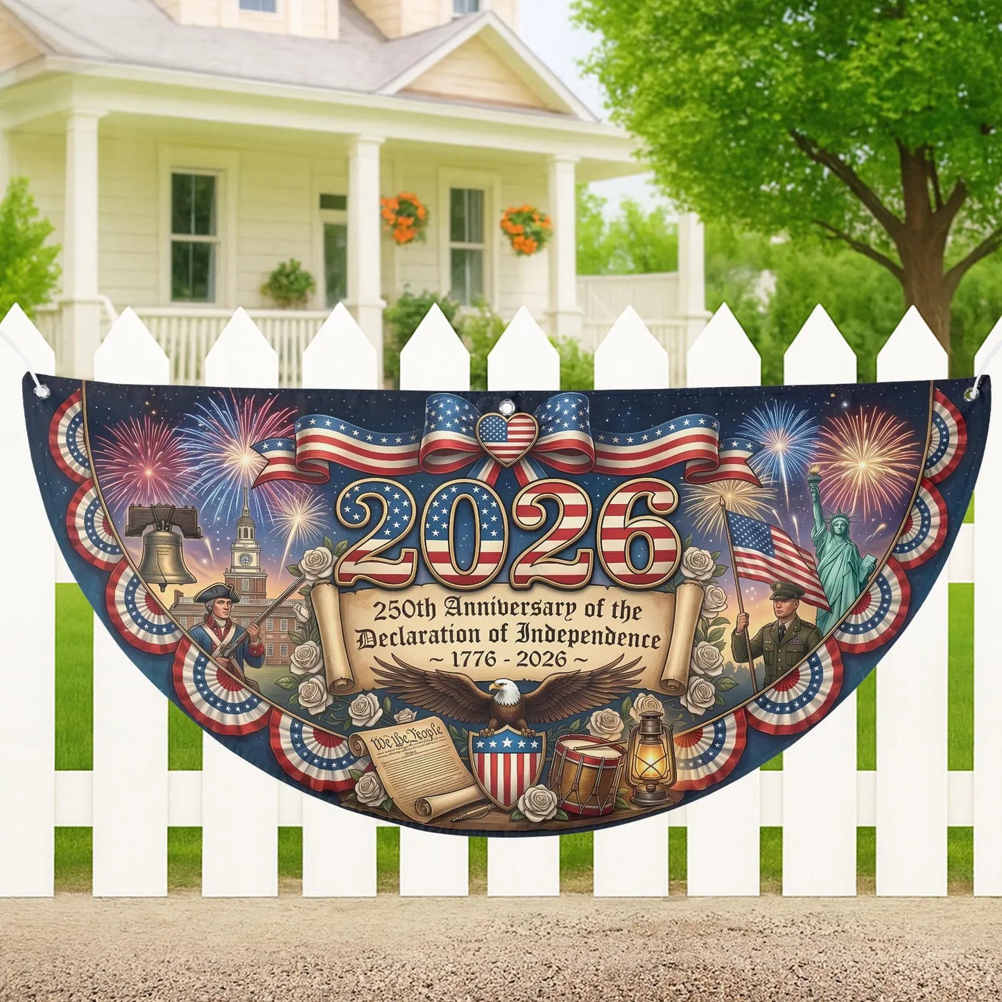 USA Semicircle Fence Flag: 250th Anniversary Declaration of Independence Banner