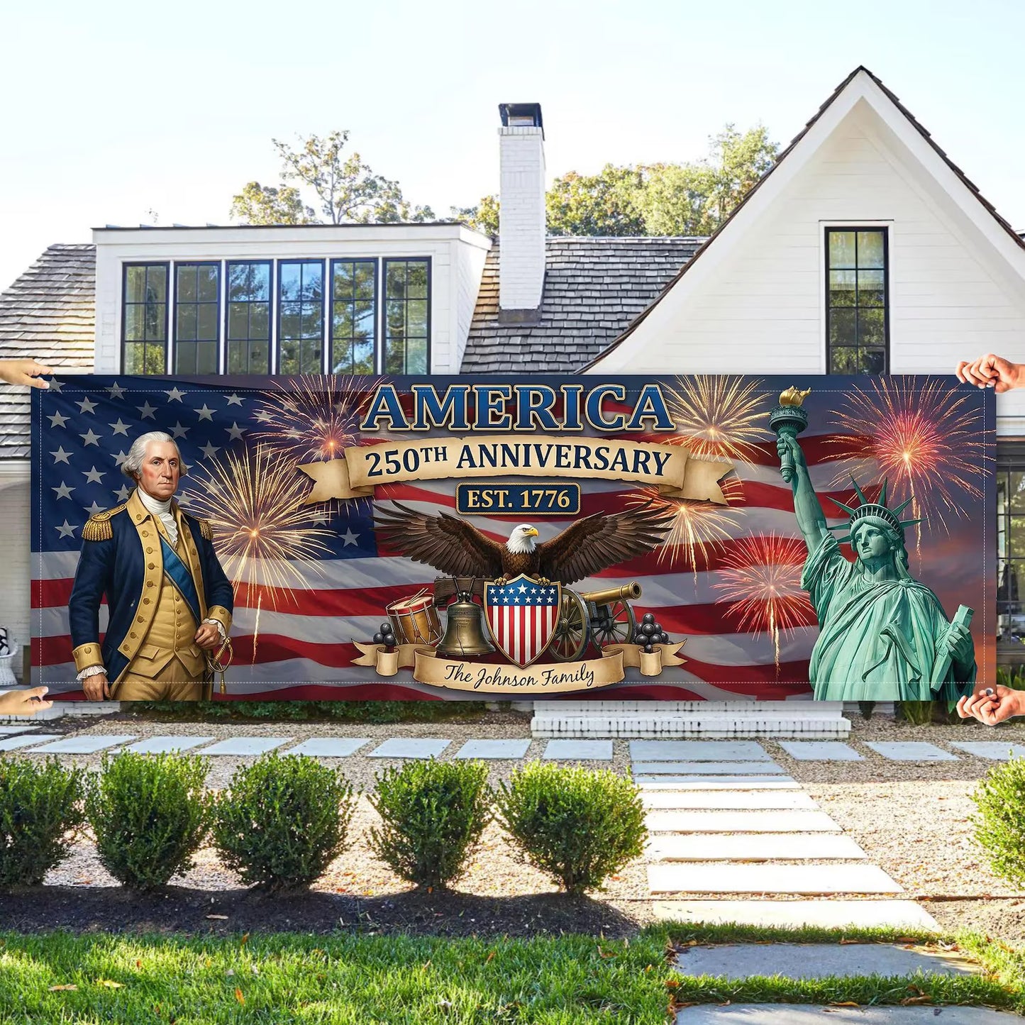 Patriotic 2026 Outdoor Decor – Personalized America 250th Anniversary Banner, Custom Family Name
