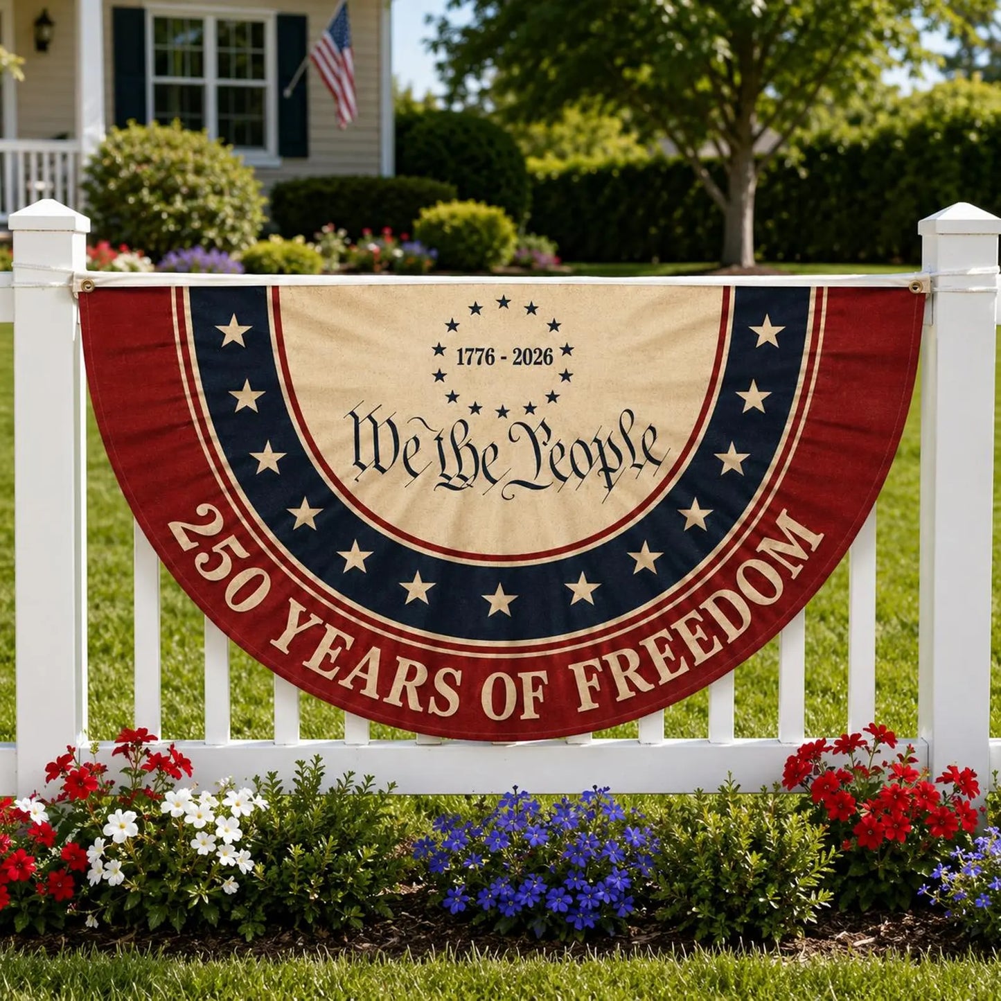 Patriotic Semicircle Fence Flag, 250 Years of Freedom Banner, Americana Outdoor Decor