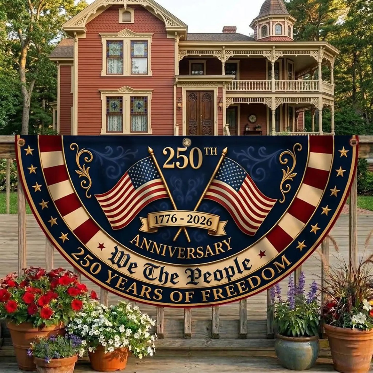 America 250th Anniversary Banner, Patriotic Porch Decor, Semicircle Bunting Flag, Fourth of July Outdoor Decor, USA 1776 2026 Banner