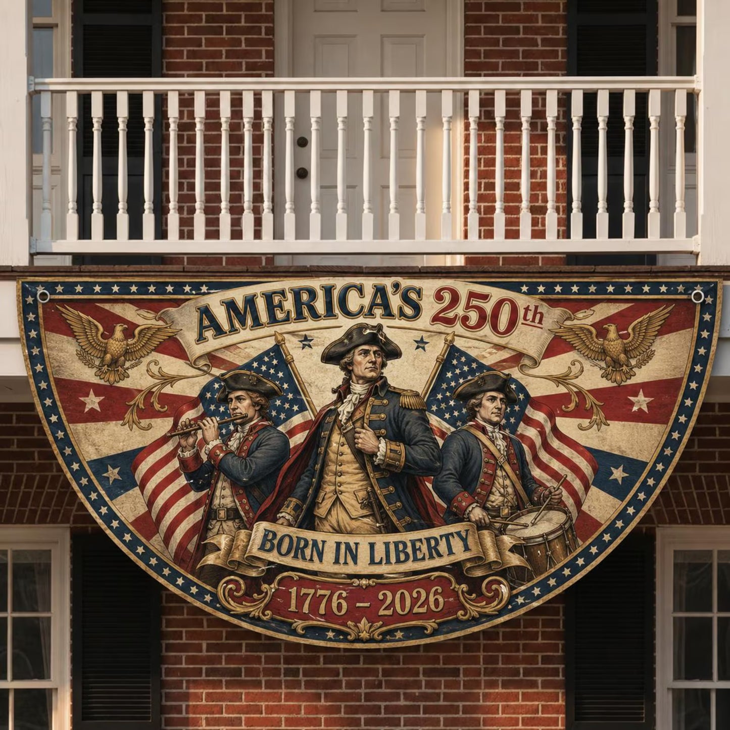 Vintage US 250th Anniversary Semicircle Fence Flag, Semiquincentennial America Freedom Banner, Spirit of 76 Patriotic Outdoor Porch Bunting