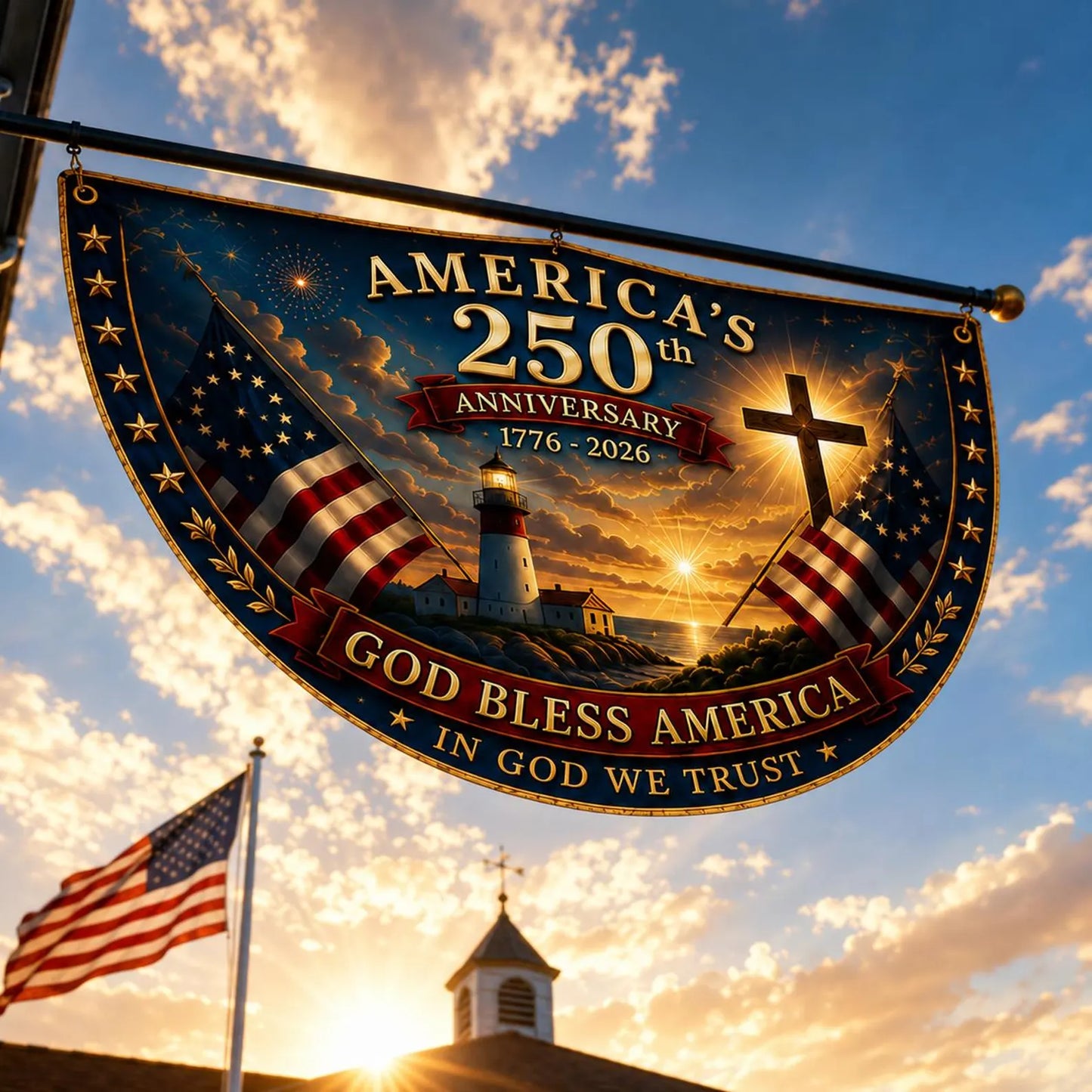 USA 250th Anniversary Patriotic Bunting Banner, America 1776–2026 Semicircle Fence Flag, Christian Freedom Porch Decor, Fourth of July Decor
