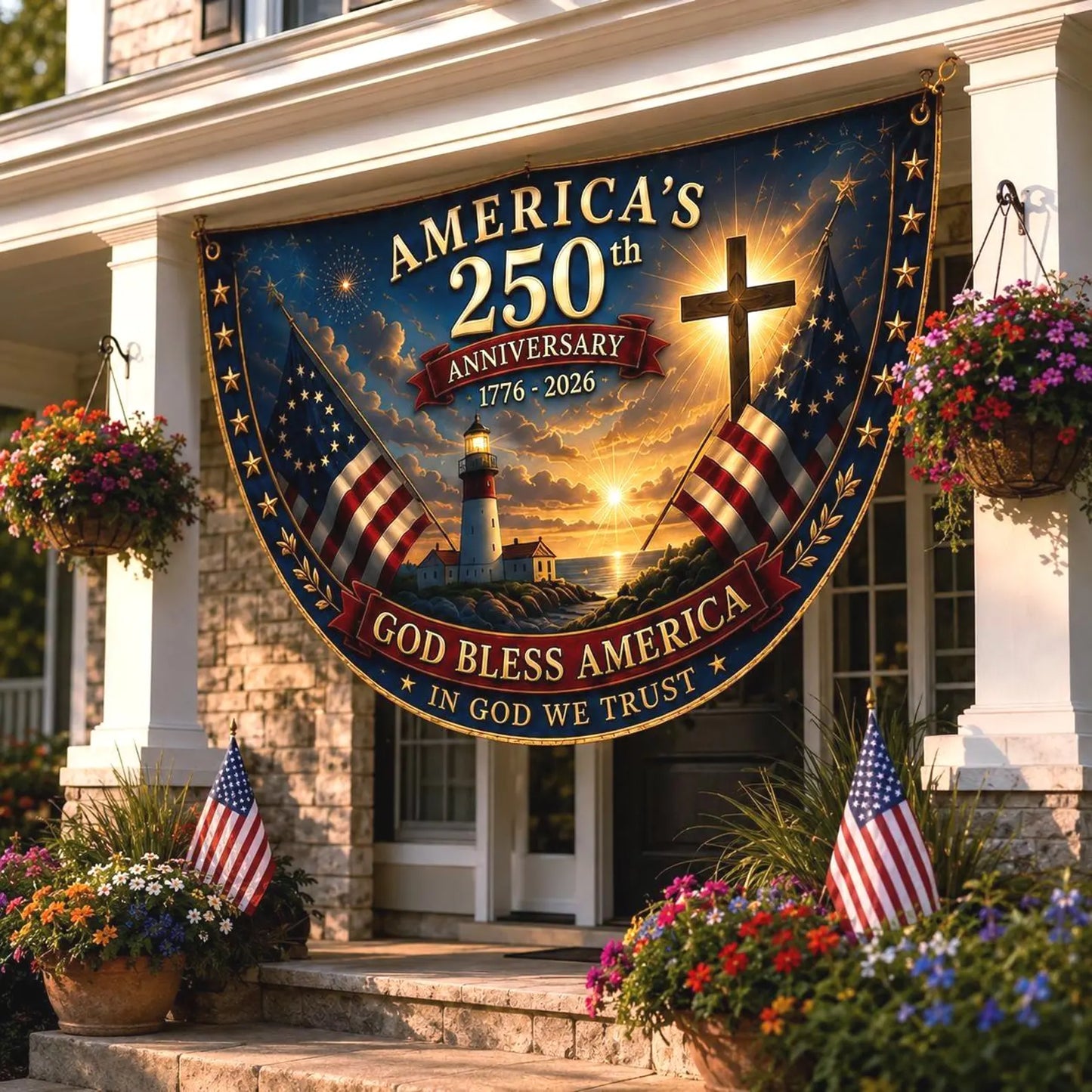 USA 250th Anniversary Patriotic Bunting Banner, America 1776–2026 Semicircle Fence Flag, Christian Freedom Porch Decor, Fourth of July Decor