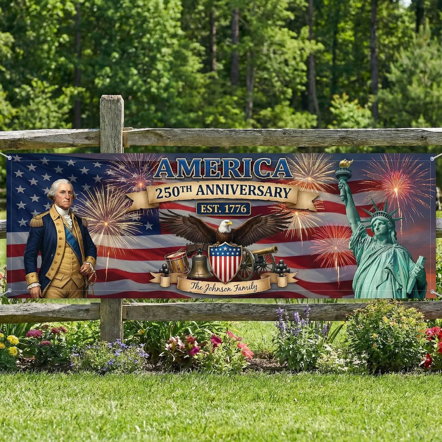 Patriotic 2026 Outdoor Decor – Personalized America 250th Anniversary Banner, Custom Family Name