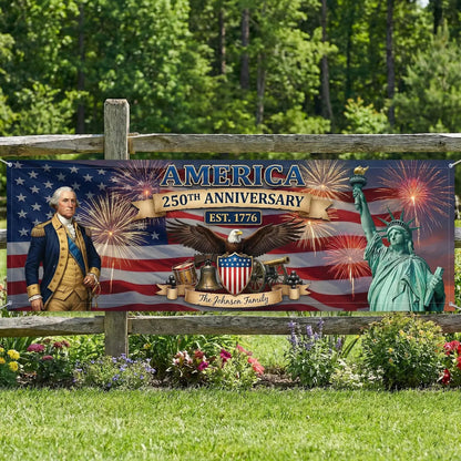Patriotic 2026 Outdoor Decor – Personalized America 250th Anniversary Banner, Custom Family Name