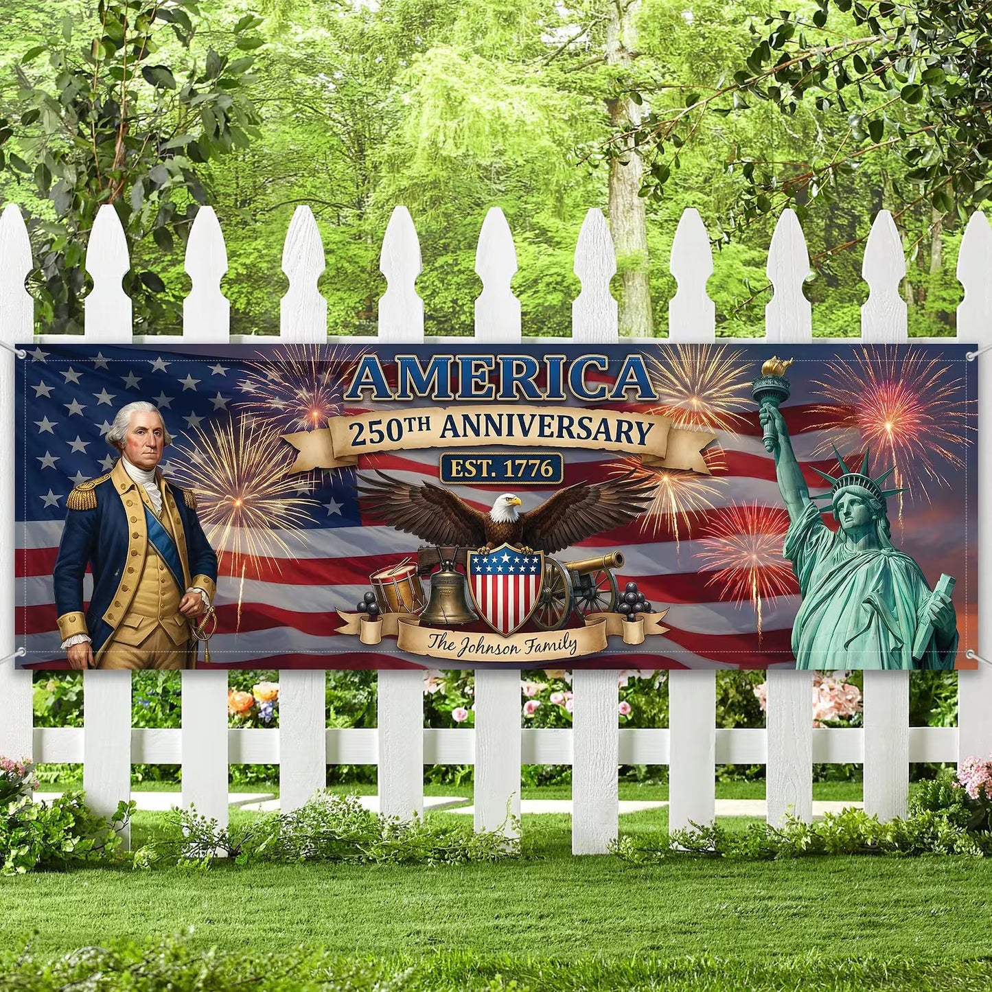 Patriotic 2026 Outdoor Decor – Personalized America 250th Anniversary Banner, Custom Family Name