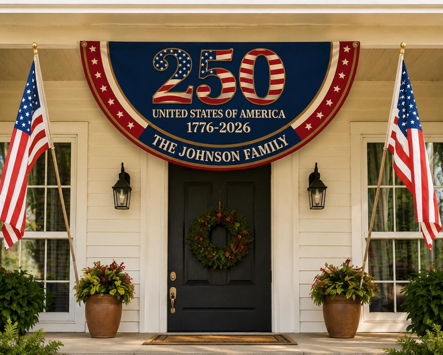 USA 250th Anniversary Bunting Banner, Personalized Family Name 1776-2026 Patriotic Half Fan Flag, Independence Day Fence Decor