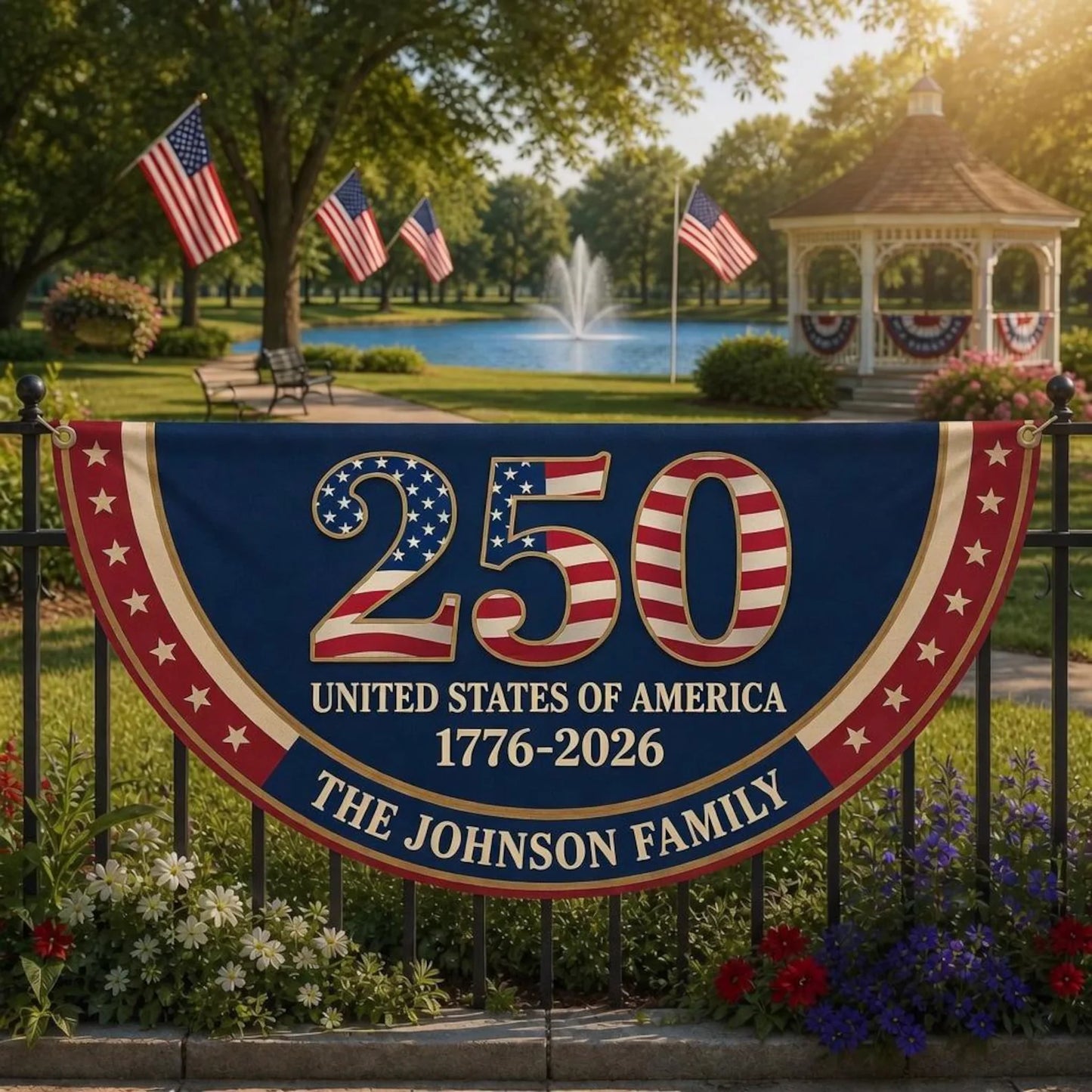 USA 250th Anniversary Bunting Banner, Personalized Family Name 1776-2026 Patriotic Half Fan Flag, Independence Day Fence Decor