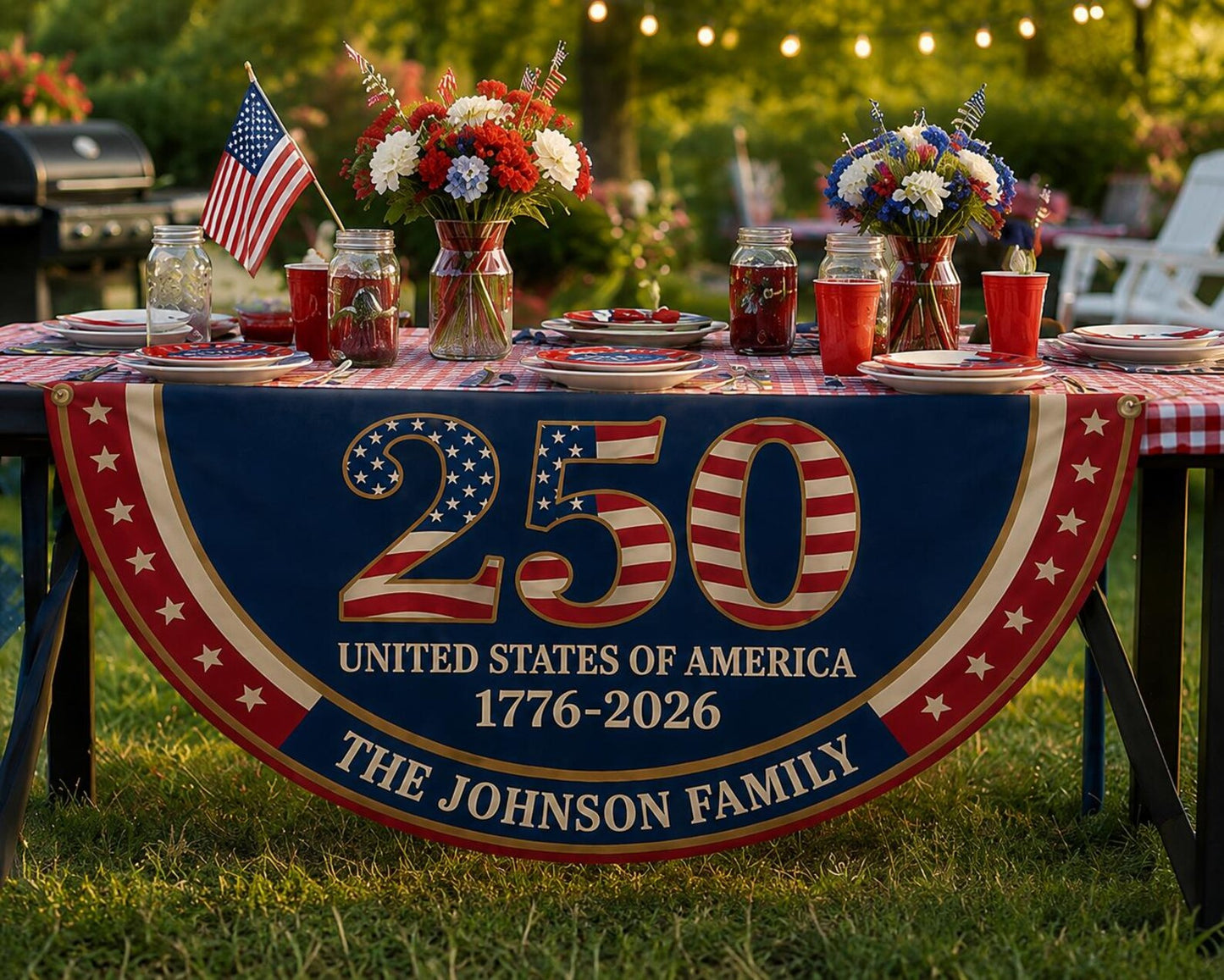 USA 250th Anniversary Bunting Banner, Personalized Family Name 1776-2026 Patriotic Half Fan Flag, Independence Day Fence Decor