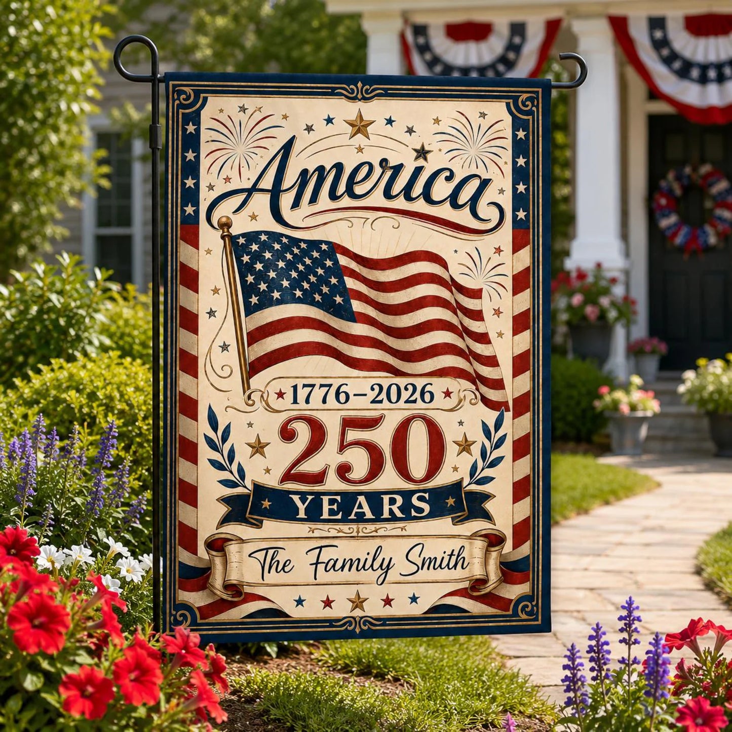 Personalized Patriotic Garden Flag, America 250 Years 1776-2026 Custom Family Name House Flag, Fourth of July Outdoor Yard Decor Gift USA