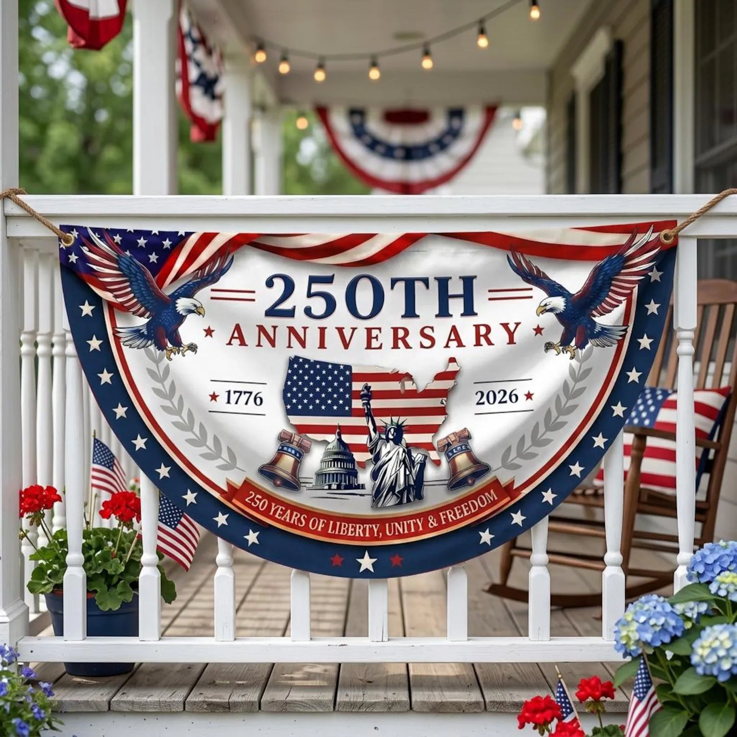 USA 250th Anniversary Patriotic Bunting Banner, America 1776–2026 Semicircle Fence Flag, Semiquincentennial, Fourth of July Outdoor Decor
