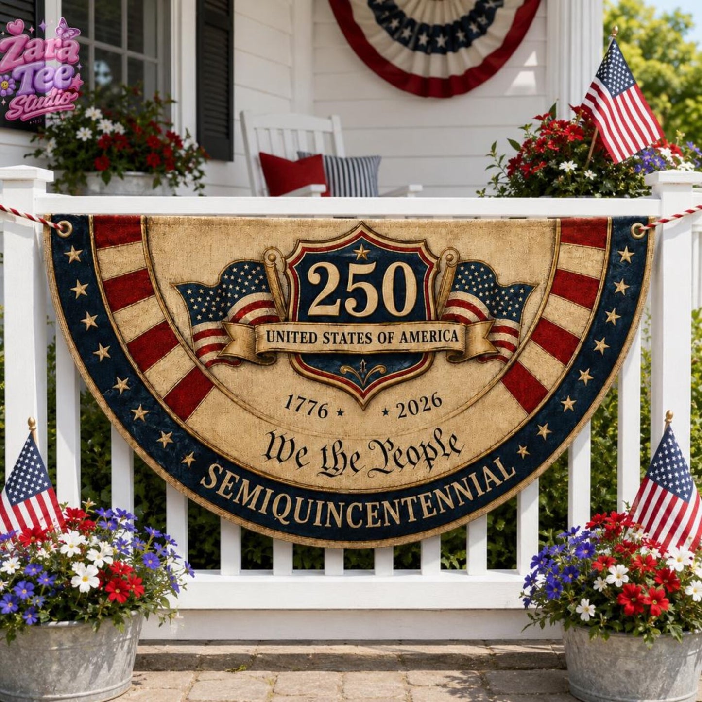 USA 250th Anniversary Patriotic Bunting Flag, America 1776–2026 Semicircle Fence Flag, Christian Freedom Porch Decor, Gift For Dad 53