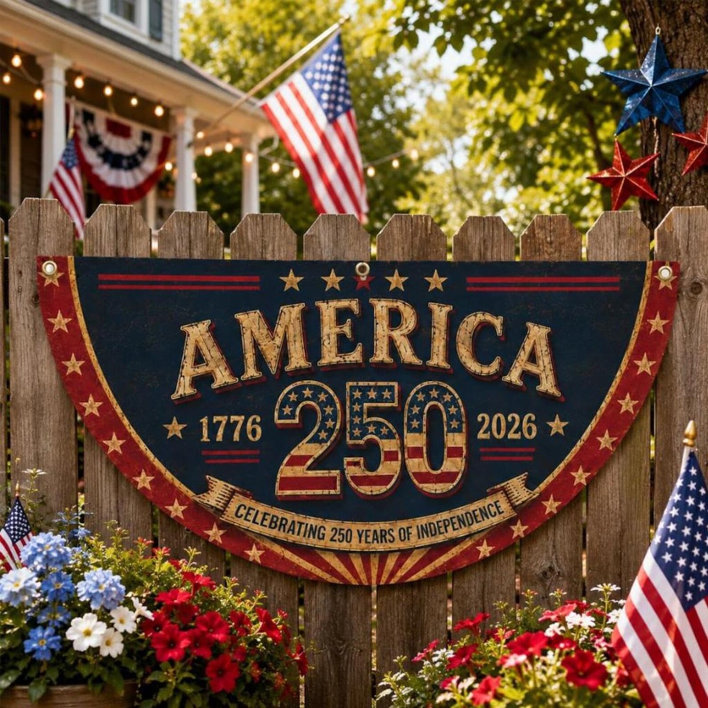 USA 250th Anniversary Patriotic Bunting Banner, America 1776–2026 Semicircle Fence Flag, Christian Freedom Porch Decor, Fourth of July Decor
