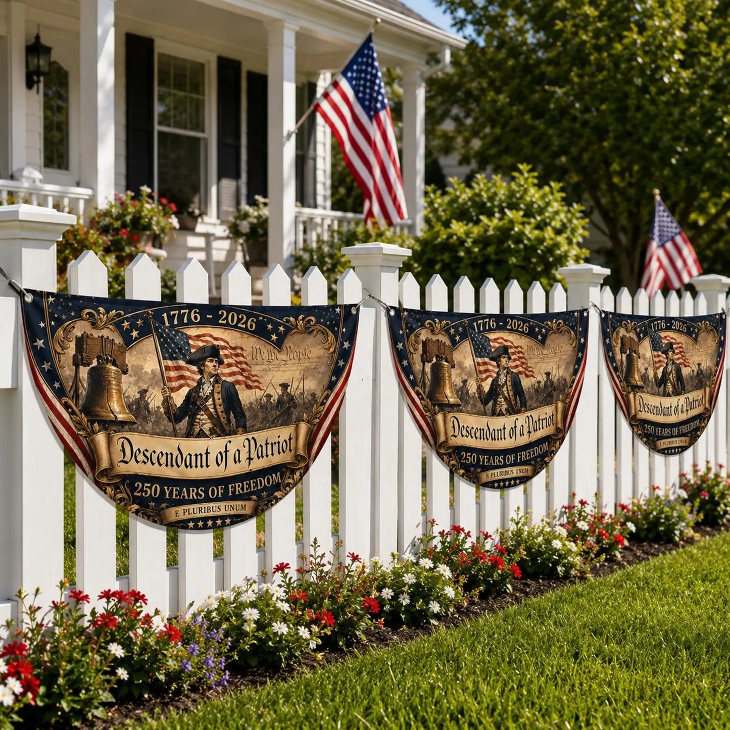 Descendant Of Patriot Bunting Flag, America 250 Fence Flag, We The People Patriotic Semicircle Banner, 1776 2026 Outdoor Decor