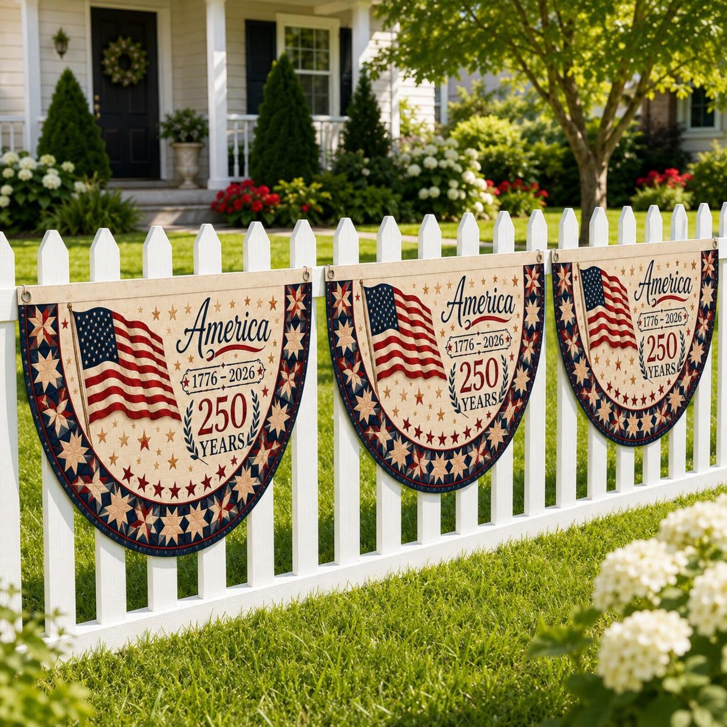 America 250 Bunting Flag, Semicircle Fence Flag, Patriotic Stars Stripes Banner, 1776 2026 Yard Porch Decor, USA Flag
