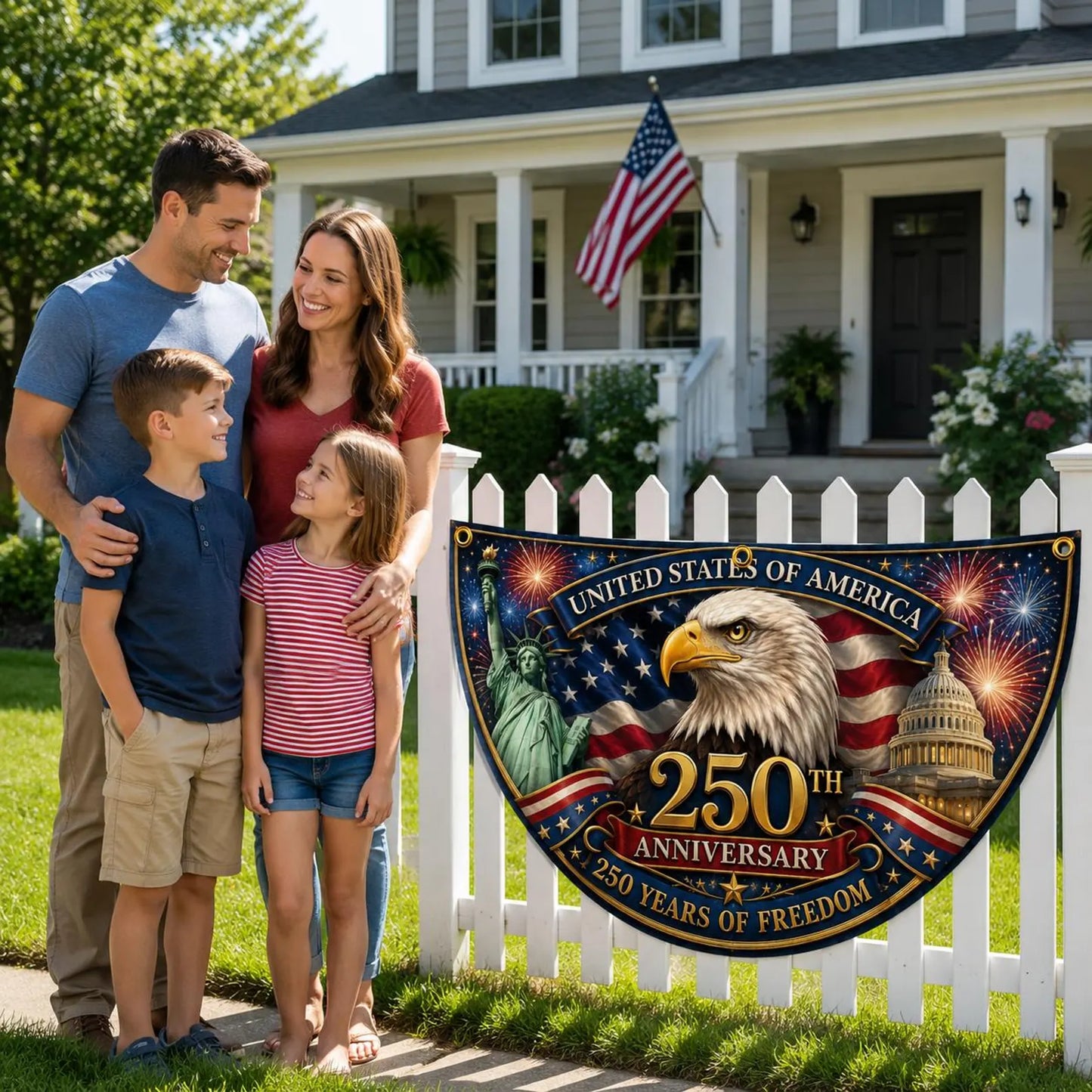 USA 250th Anniversary Patriotic Bunting Banner, Custom Family Name America 1776 2026 Semicircle Fence Flag, Christian Freedom Porch Decor