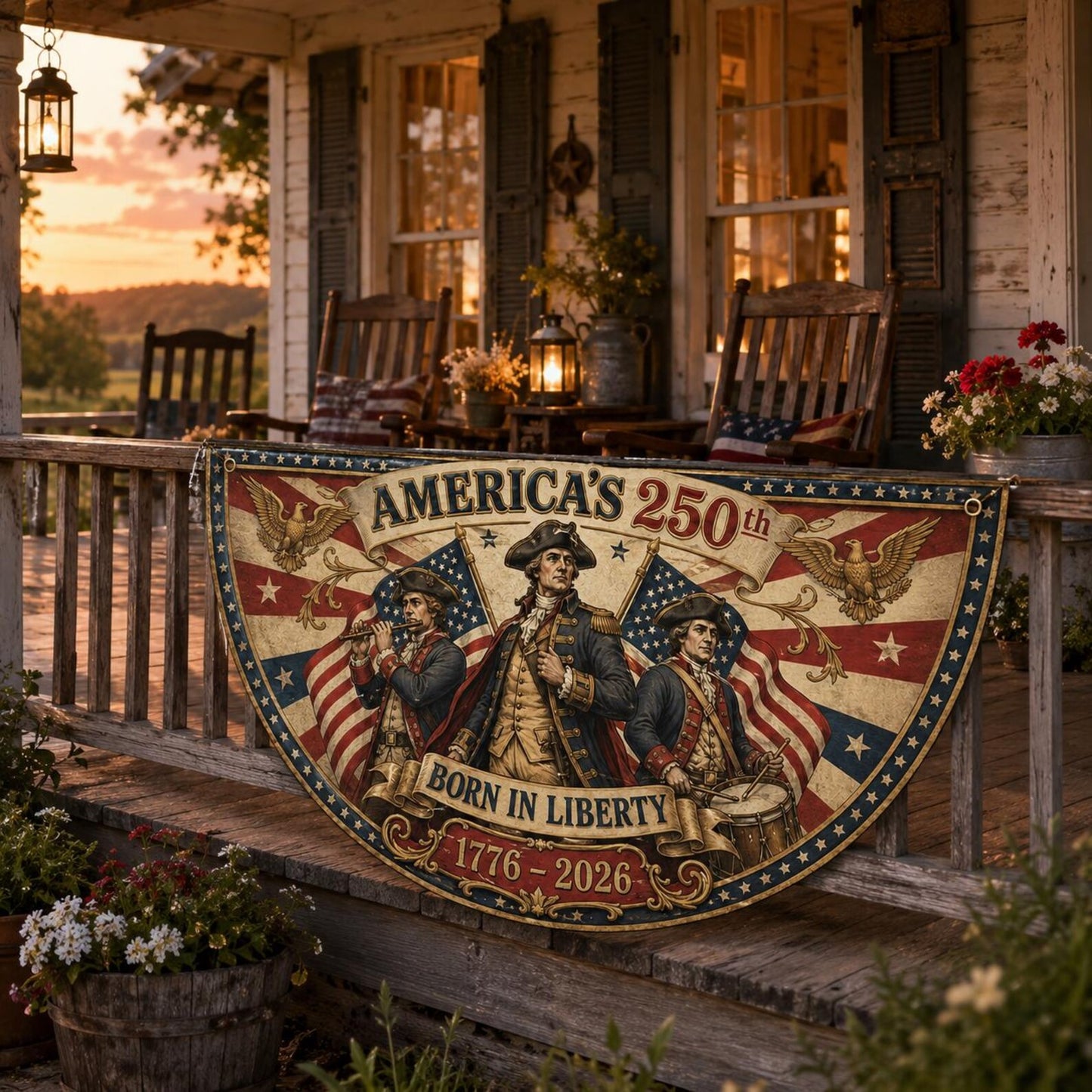 Vintage US 250th Anniversary Semicircle Fence Flag, Semiquincentennial America Freedom Banner, Spirit of 76 Patriotic Outdoor Porch Bunting