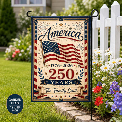 Personalized Patriotic Garden Flag, America 250 Years 1776-2026 Custom Family Name House Flag, Fourth of July Outdoor Yard Decor Gift USA