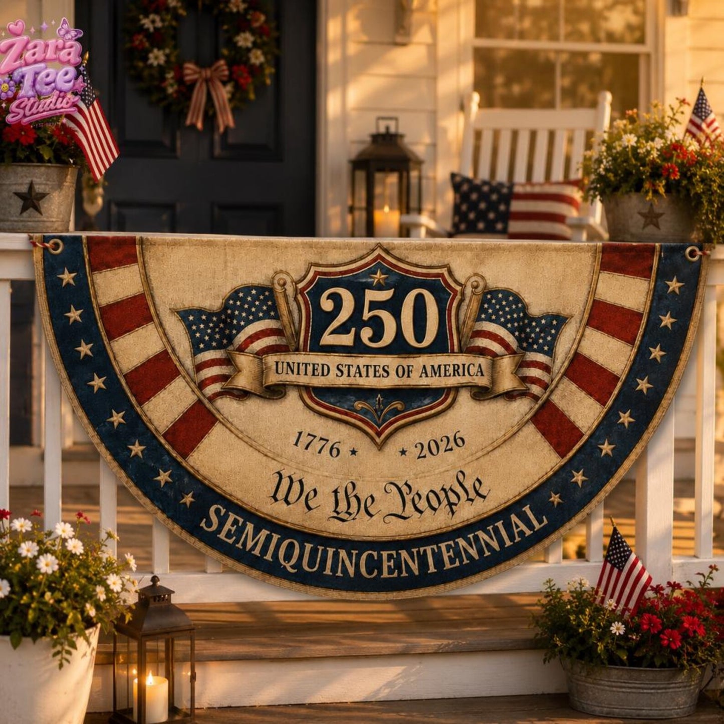USA 250th Anniversary Patriotic Bunting Flag, America 1776–2026 Semicircle Fence Flag, Christian Freedom Porch Decor, Gift For Dad 53