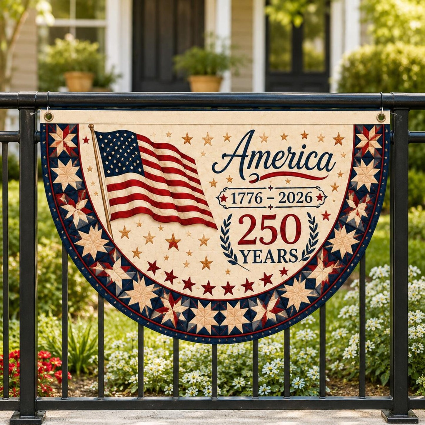 America 250 Bunting Flag, Semicircle Fence Flag, Patriotic Stars Stripes Banner, 1776 2026 Yard Porch Decor, USA Flag