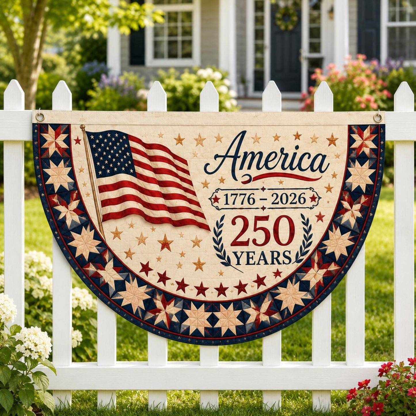 America 250 Bunting Flag, Semicircle Fence Flag, Patriotic Stars Stripes Banner, 1776 2026 Yard Porch Decor, USA Flag
