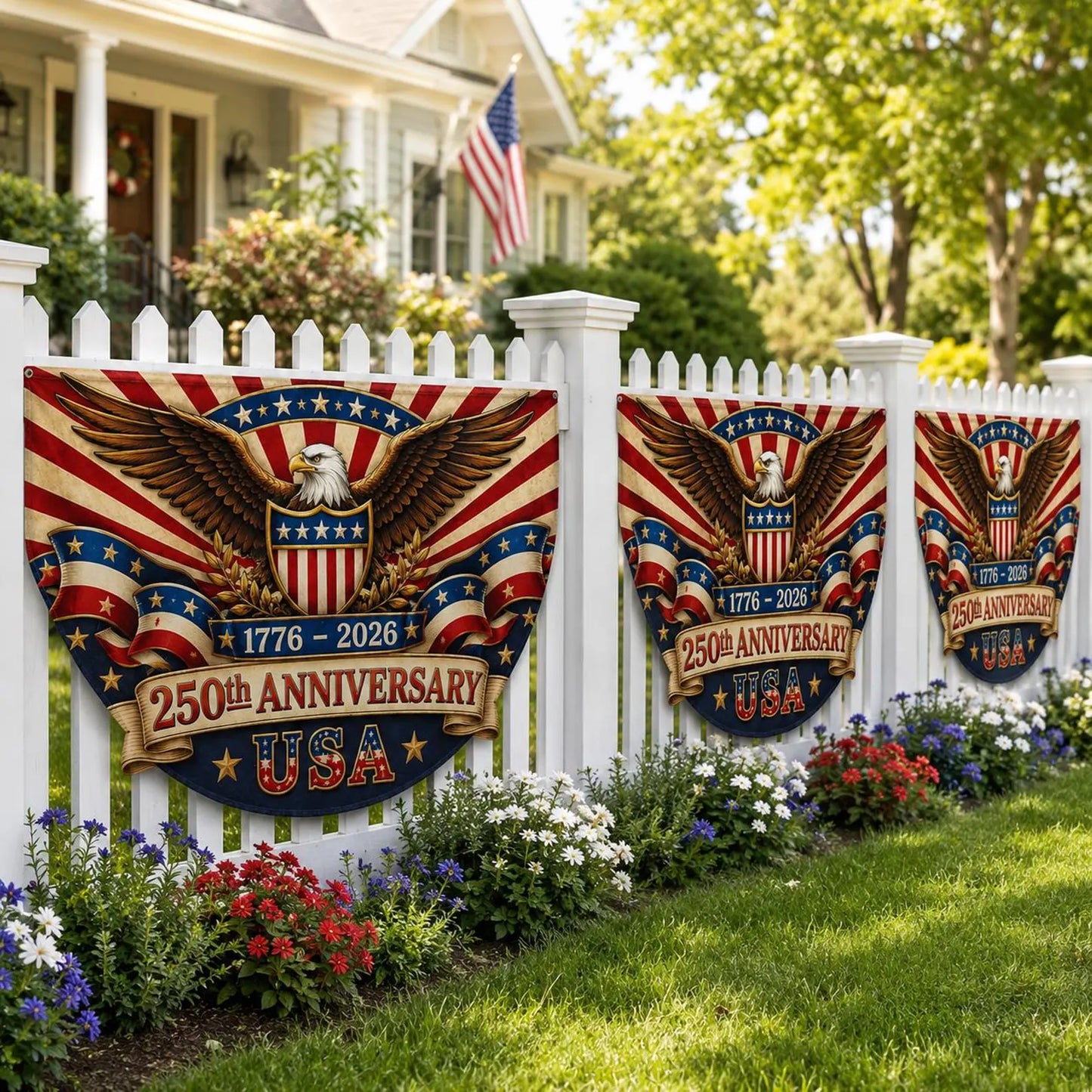 USA 250 Bunting Flag, Semicircle Fence Flag, Patriotic 1776-2026 Banner, Eagle Liberty Yard Porch Decor