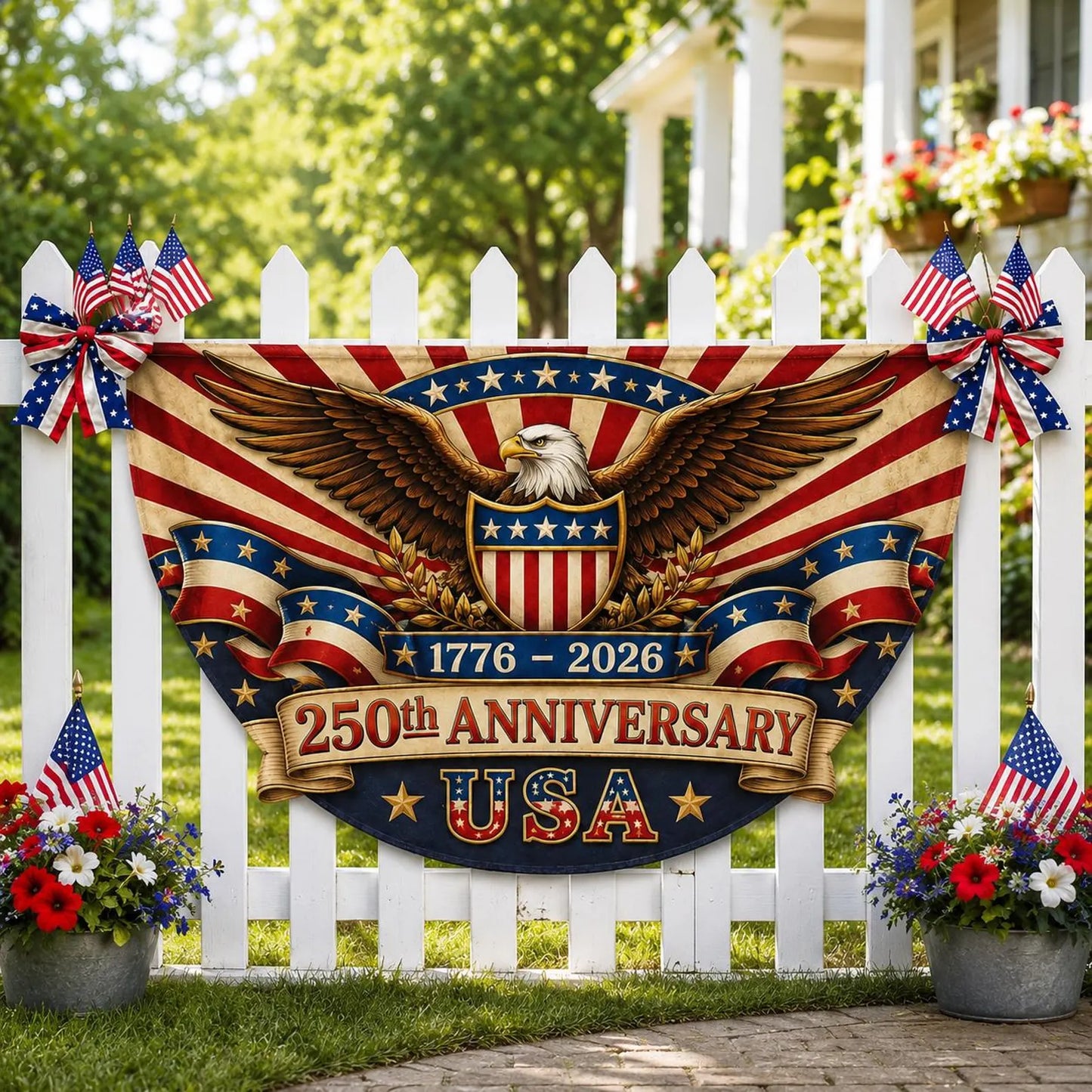 USA 250 Bunting Flag, Semicircle Fence Flag, Patriotic 1776-2026 Banner, Eagle Liberty Yard Porch Decor