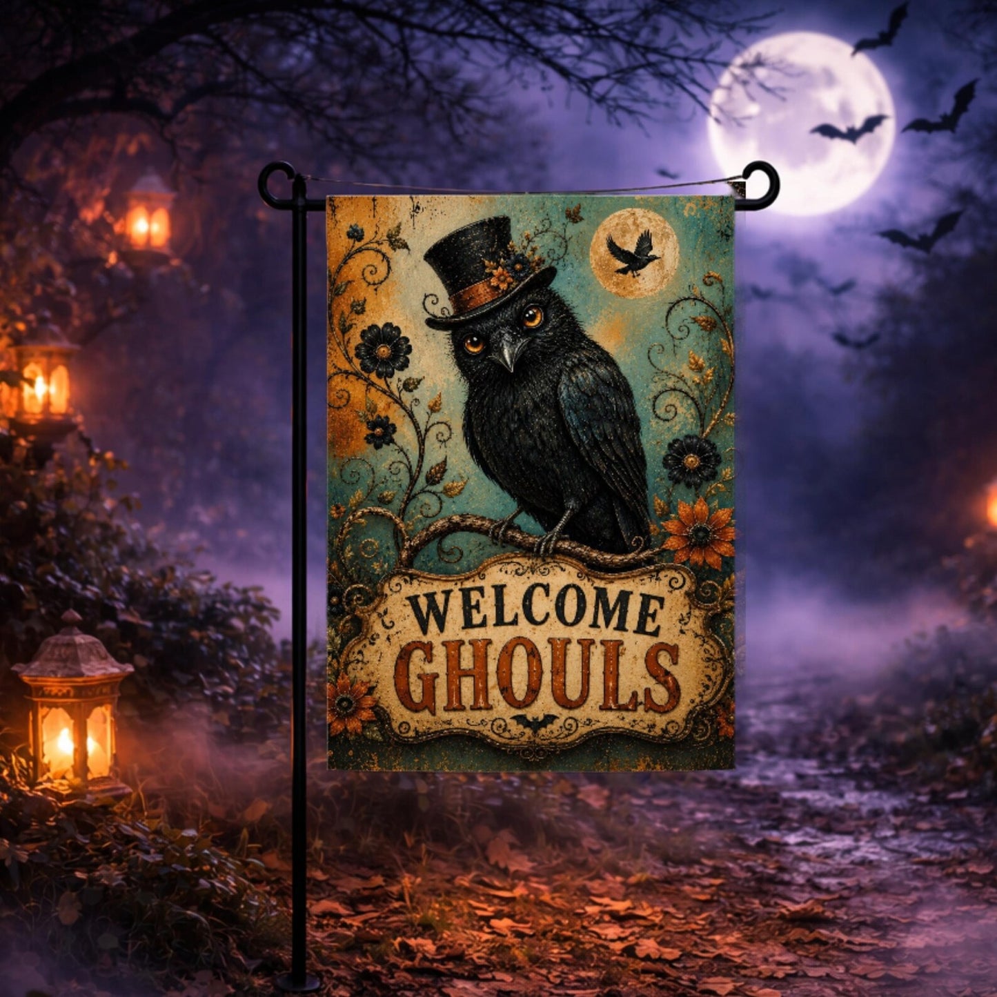 Halloween Crow Garden Flag Welcome Ghouls