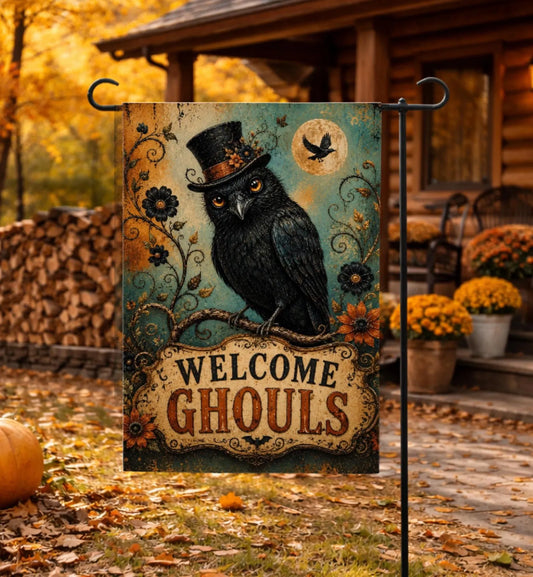 Halloween Crow Garden Flag Welcome Ghouls