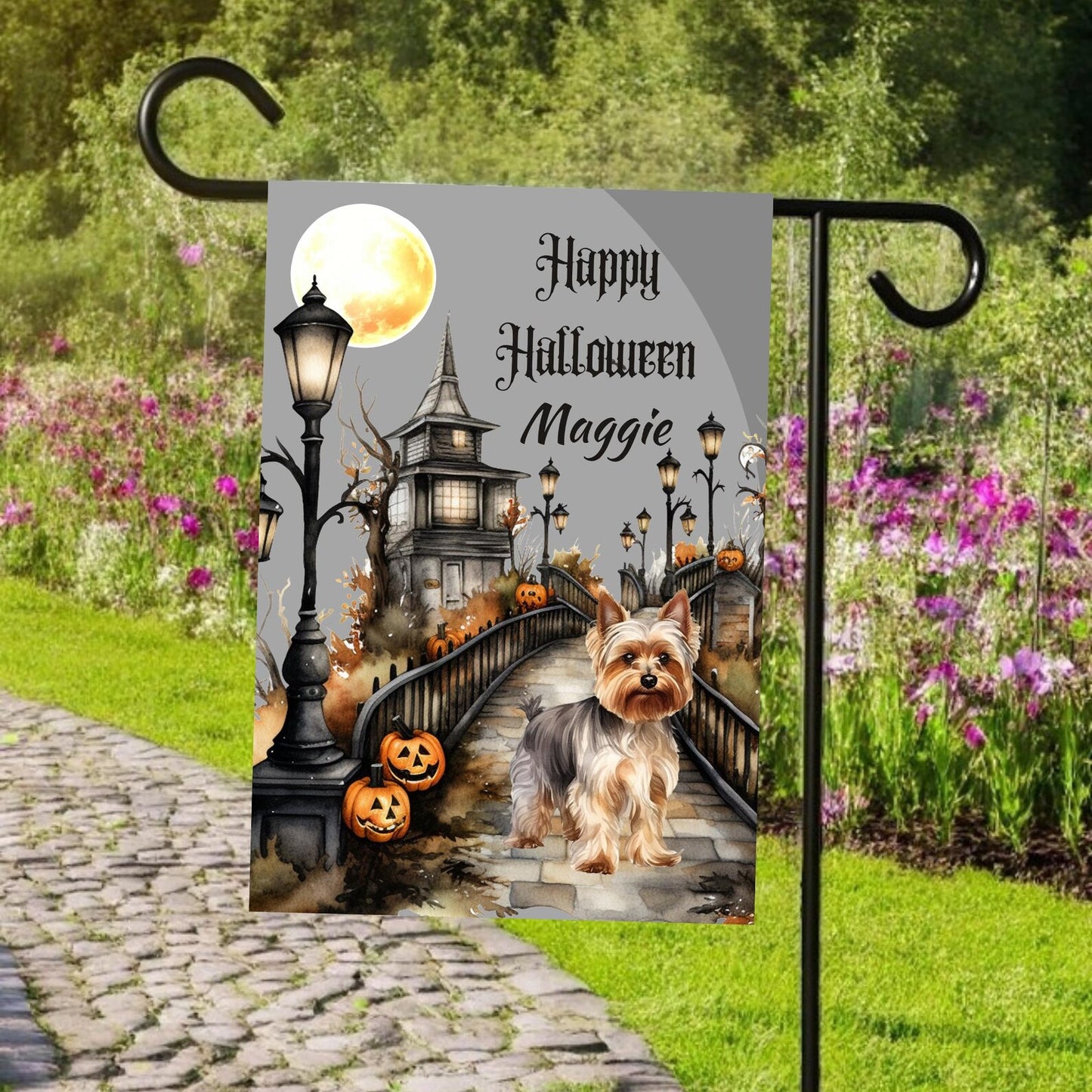 Yorkie Personalized Welcome Halloween Garden Flag